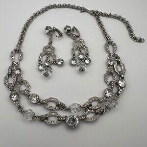 Vintage Avon Rhinestone & Crystal Necklace Earring Set –‎ Silver Tone Chandelier